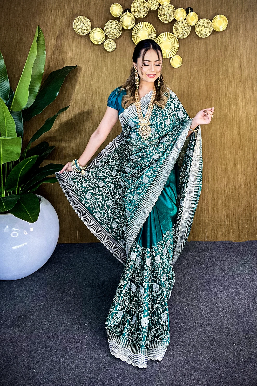 Forest Green Silver Grace – Premium High Grade Stone Saree ✨